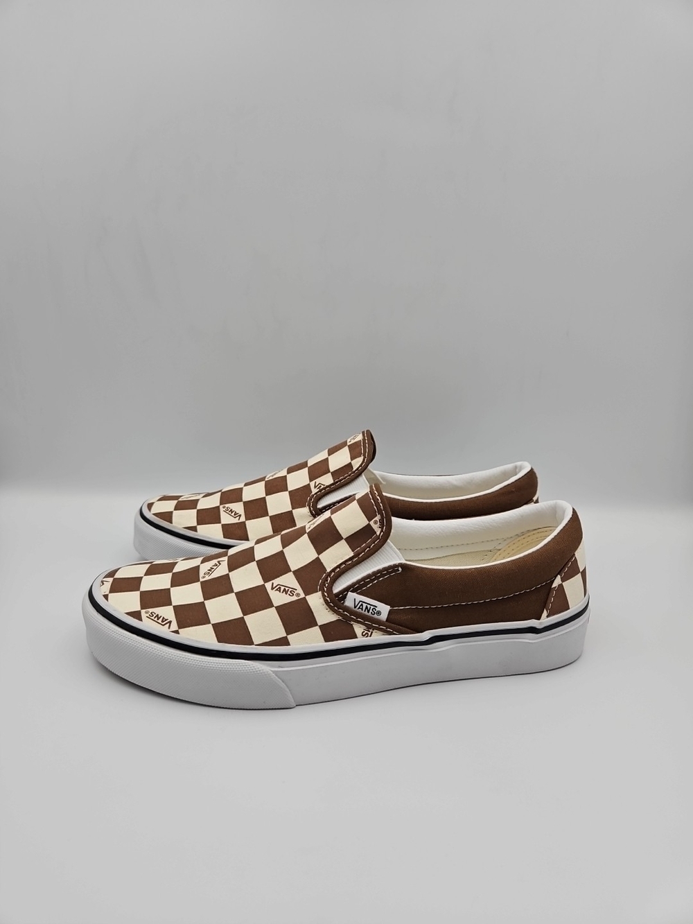 Vans Brown and Cream Checkerboard Classic Slip-On Sneakers